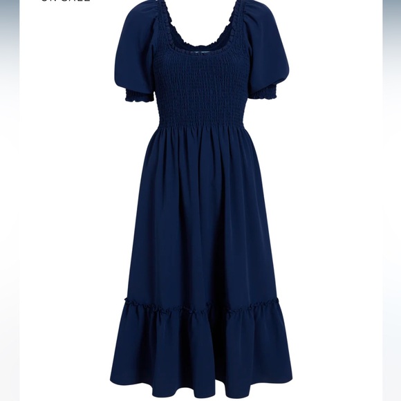 Hill House The Louisa Nap Dress Navy Crepe Blue Smocked Midi Dress NWT Pockets - Picture 4 of 16